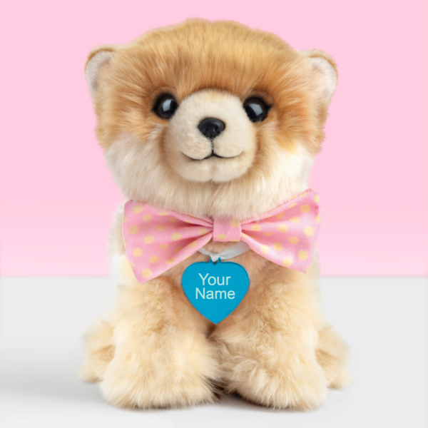 Gepersonaliseerde pluche knuffelhond Pomeriaan 23 cm met blauwe naamtag