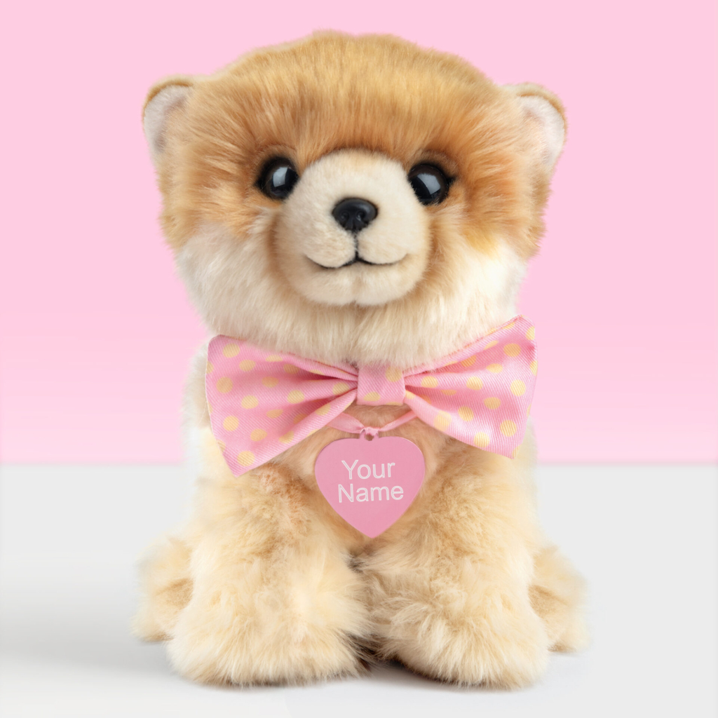 Gepersonaliseerde pluche knuffelhond Pomeriaan 23 cm met roze naamtag