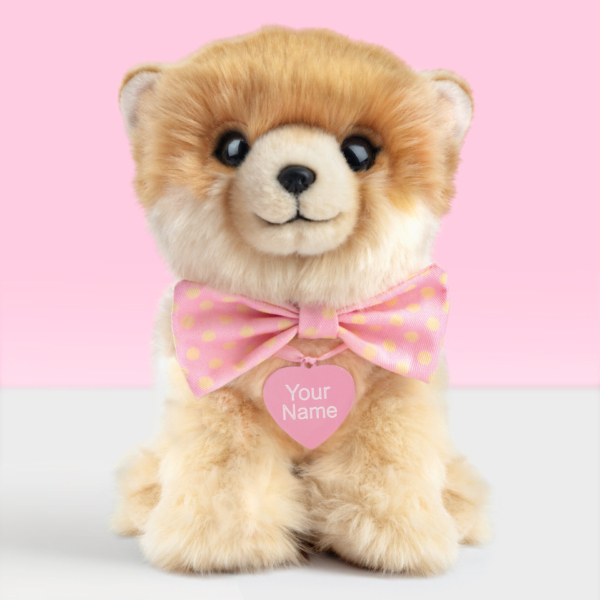 Gepersonaliseerde pluche knuffelhond Pomeriaan 23 cm met roze naamtag
