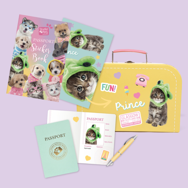 Pluche knuffelkat Main Coon set met gele koffer, stickerboek en paspoort