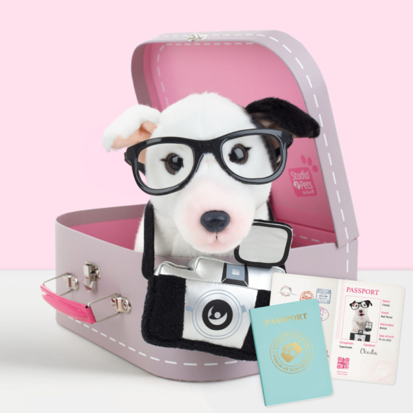 studio-pets-pluche-knuffel-hond-bull-terriër-met-koffer-charlie-23cm studio pets knuffelhond bull terrier met koffer en paspoort