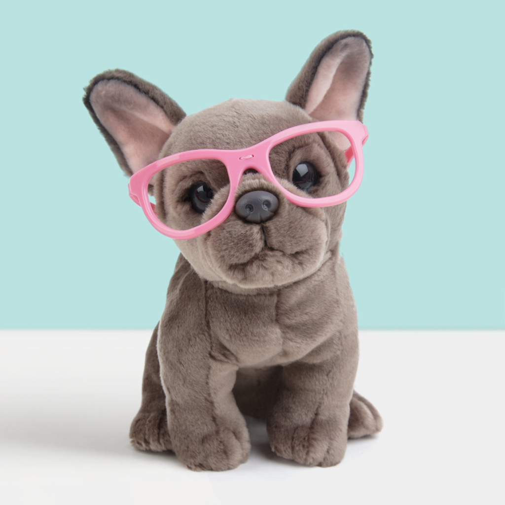 Pluche knuffelhond Franse bulldog met roze bril 16 cm
