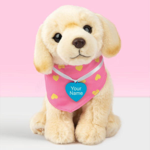 studio-pets-pluche-knuffel-met-naam-blauw-blonde-labrador-happy-23cm Gepersonaliseerde pluche knuffelhond labrador met blauwe naamtag