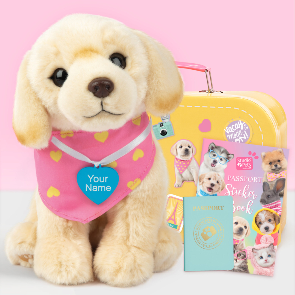 studio-pets-pluche-knuffel-met-naam-blauw-blonde-labrador-set-geel-koffertje-paspoort-stickerboek-happy-23cm Gepersonaliseerde pluche knuffelhond labrador met blauwe naamtag, gele koffer, stickerboek en paspoort