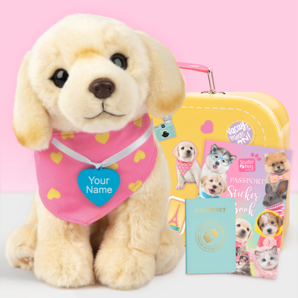 studio-pets-pluche-knuffel-met-naam-blauw-blonde-labrador-set-geel-koffertje-paspoort-stickerboek-happy-23cm Gepersonaliseerde pluche knuffelhond labrador met blauwe naamtag, gele koffer, stickerboek en paspoort