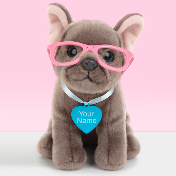 Pluche knuffelhond Franse bulldog met blauwe naamtag