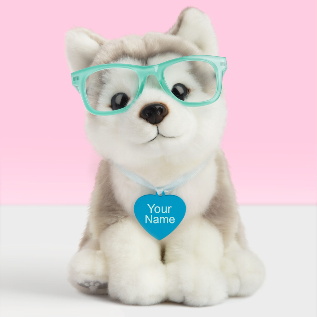 Gepersonaliseerde Pluche knuffelhond Husky met blauwe naamtag