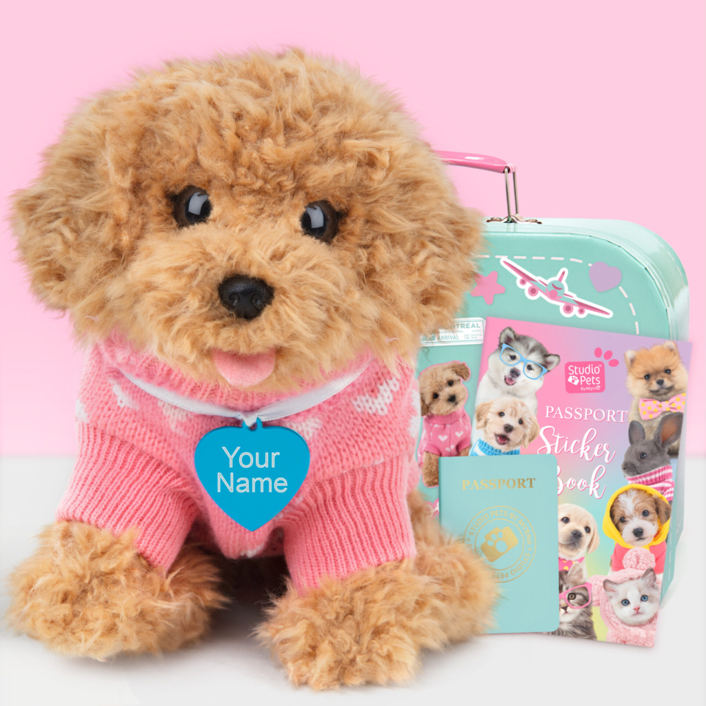 studio-pets-pluche-knuffel-met-naam-blauw-toy-poedel-set-turkoois-koffertje-paspoort-stickerboek-cookie-23cm Gepersonaliseerde pluche knuffelhond poedel 23 cm met blauwe naamtag, turquoise koffer, stickerboek en paspoort