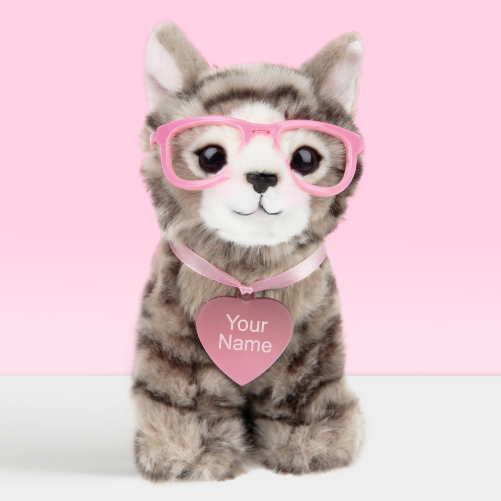 Pluche knuffeldier britse langhaar kitten 16 cm met roze naamtag