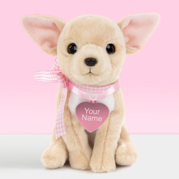 Studio Pets Pluche knuffelhond Chihuahua roze naamtag