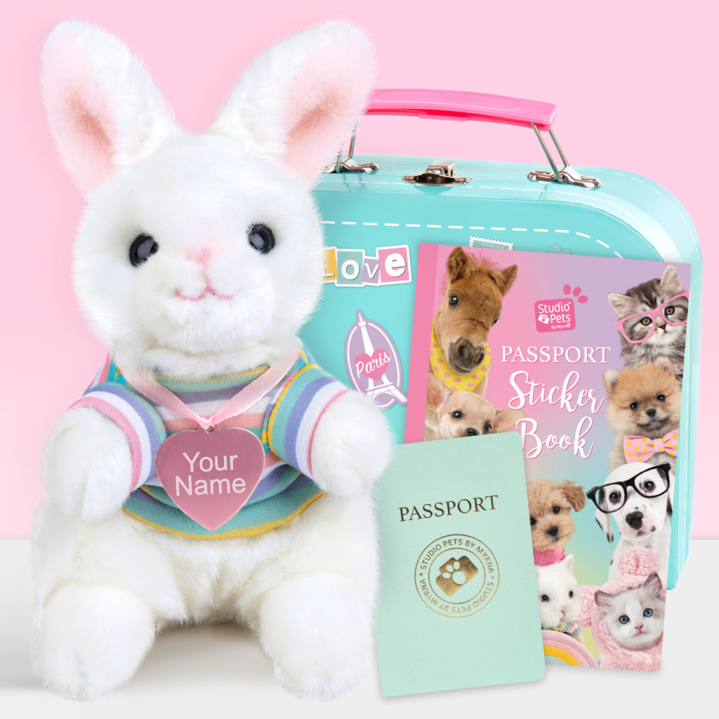 Gepersonaliseerd pluche knuffelkonijn dwergkonijn 16 cm met roze naamtag, turquoise koffer, stickerboek en paspoort