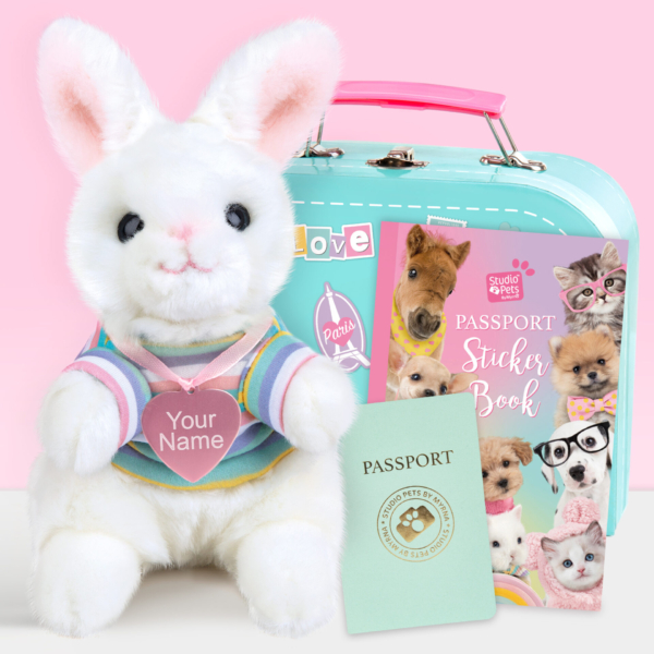 Gepersonaliseerd pluche knuffelkonijn dwergkonijn 16 cm met roze naamtag, turquoise koffer, stickerboek en paspoort
