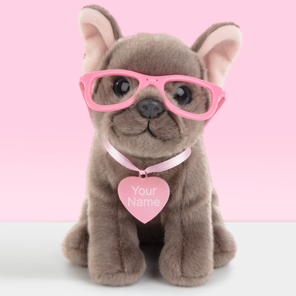 Pluche knuffel met roze naamtag franse bulldog Shady 16 cm