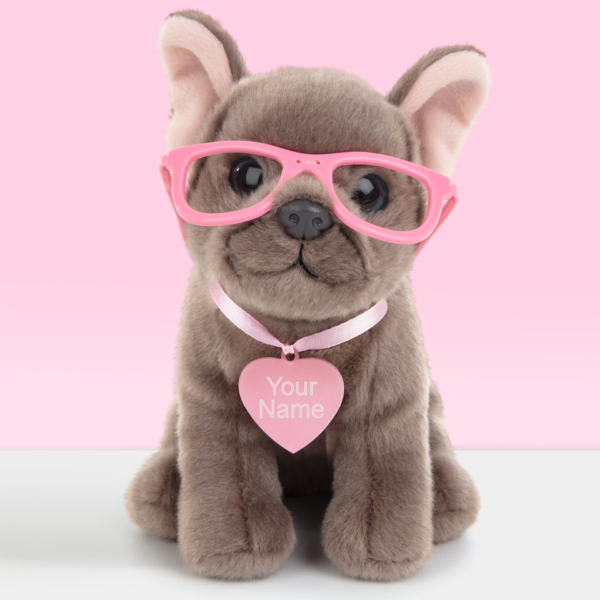 Pluche knuffel met roze naamtag franse bulldog Shady 16 cm
