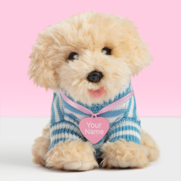 Gepersonaliseerde knuffelhond labradoodle met roze naamtag