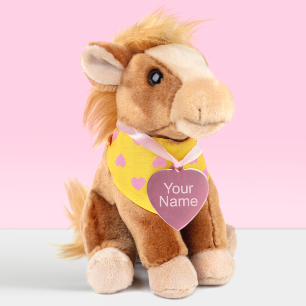 Gepersonaliseerde pluche knuffelpaard Shetlander 16 cm met roze naamtag