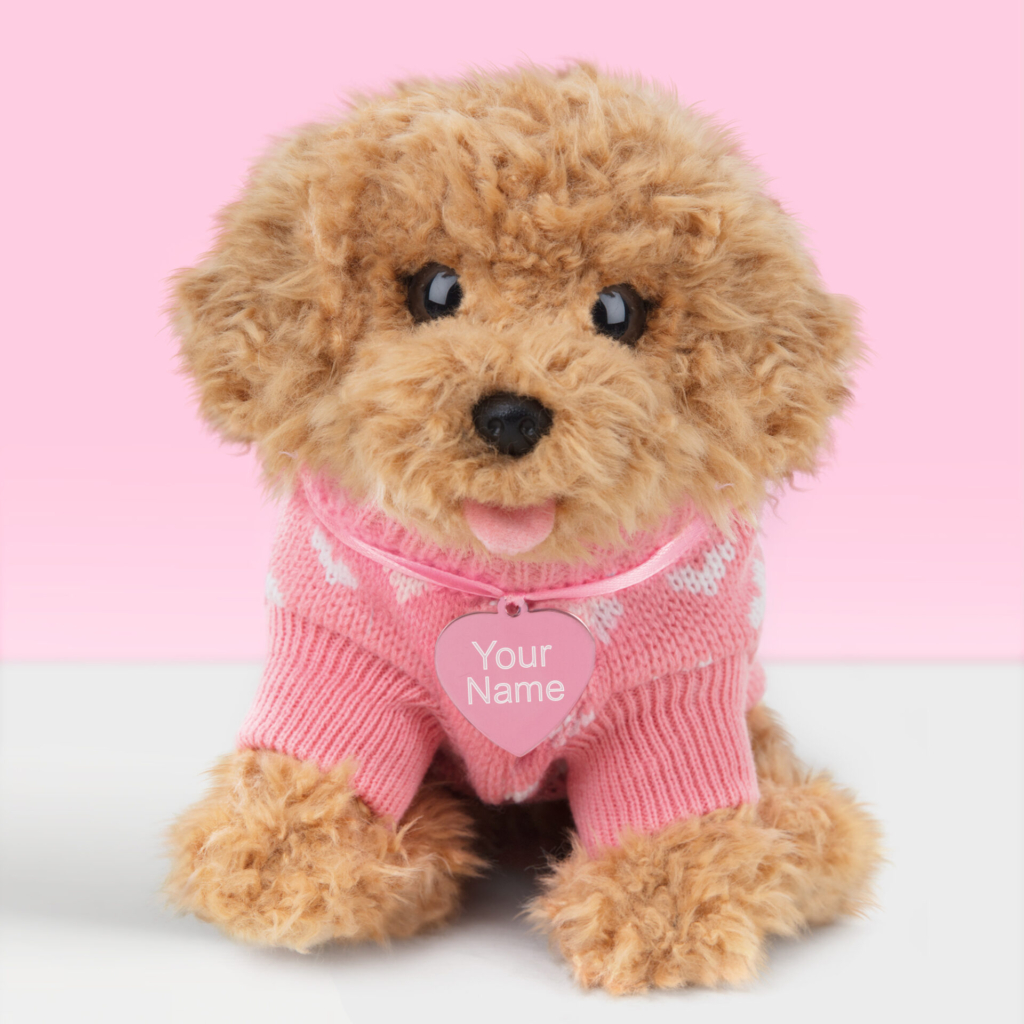studio-pets-pluche-knuffel-met-naam-roze-toy-poedel-cookie-23cm Gepersonaliseerde pluche knuffelhond poedel 23 cm met roze naamtag