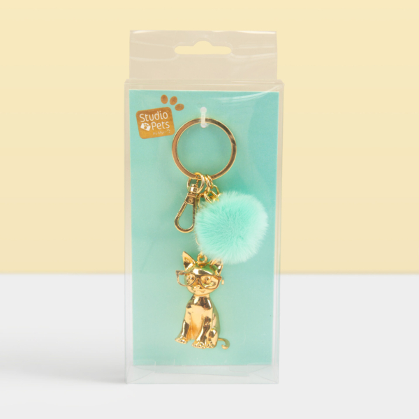 Studio Pets goudkleurige 3D sleutelhanger kitten Rayben met rode bril