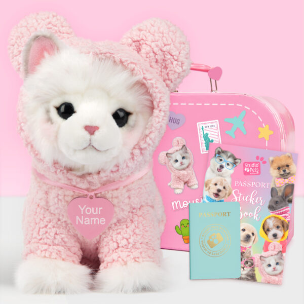 studio-pets-pluche-knuffel-met-naam-roze-ragdoll-set-roze-koffertje-paspoort-stickerboek-mousie-23cm
